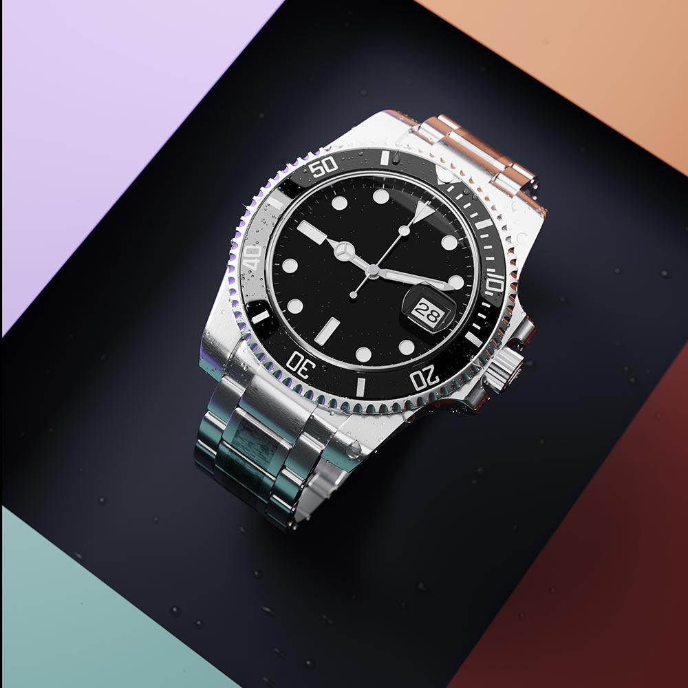 A men’s vintage black Rolex Oyster Perpetual Submariner watch.