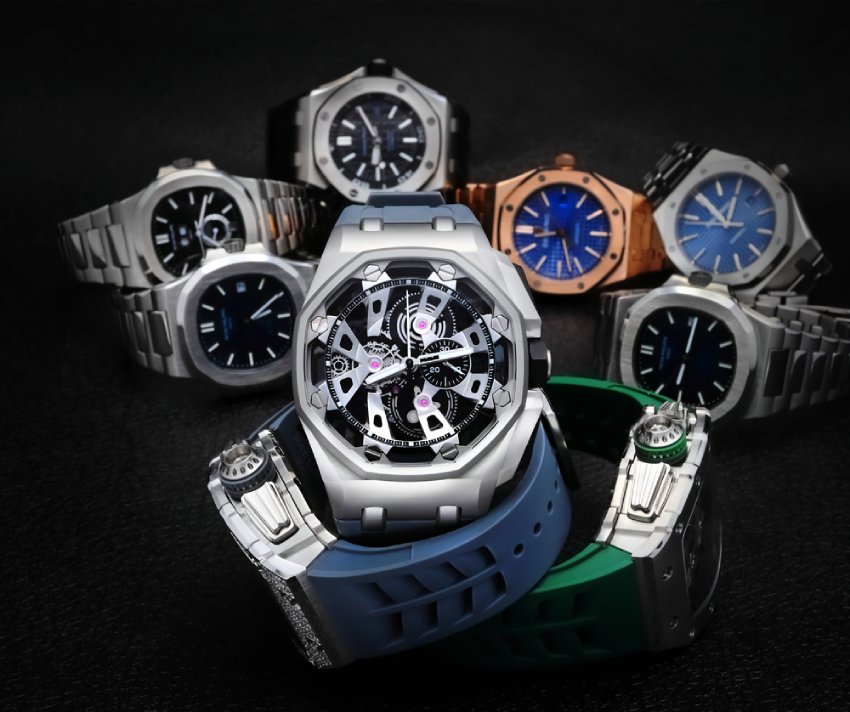 A top-down view of luxury watches, some real, some unfortunately not—a barrier many watch collectors hit when trying to purchase a new Audemars Piguet watch.