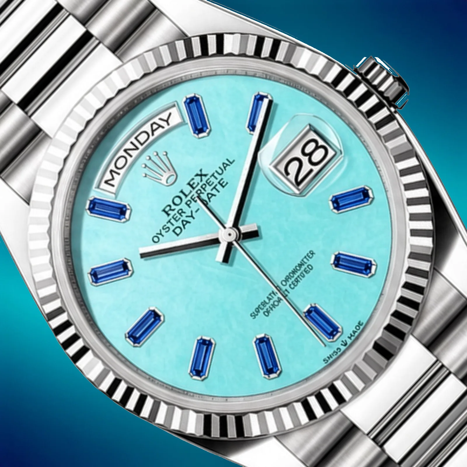Close-up of the Rolex 2026 off-catalog Day-Date 36 turquoise stone dial showing the natural veining of the turquoise and the baguette-cut blue sapphire hour markers in 18k white gold.