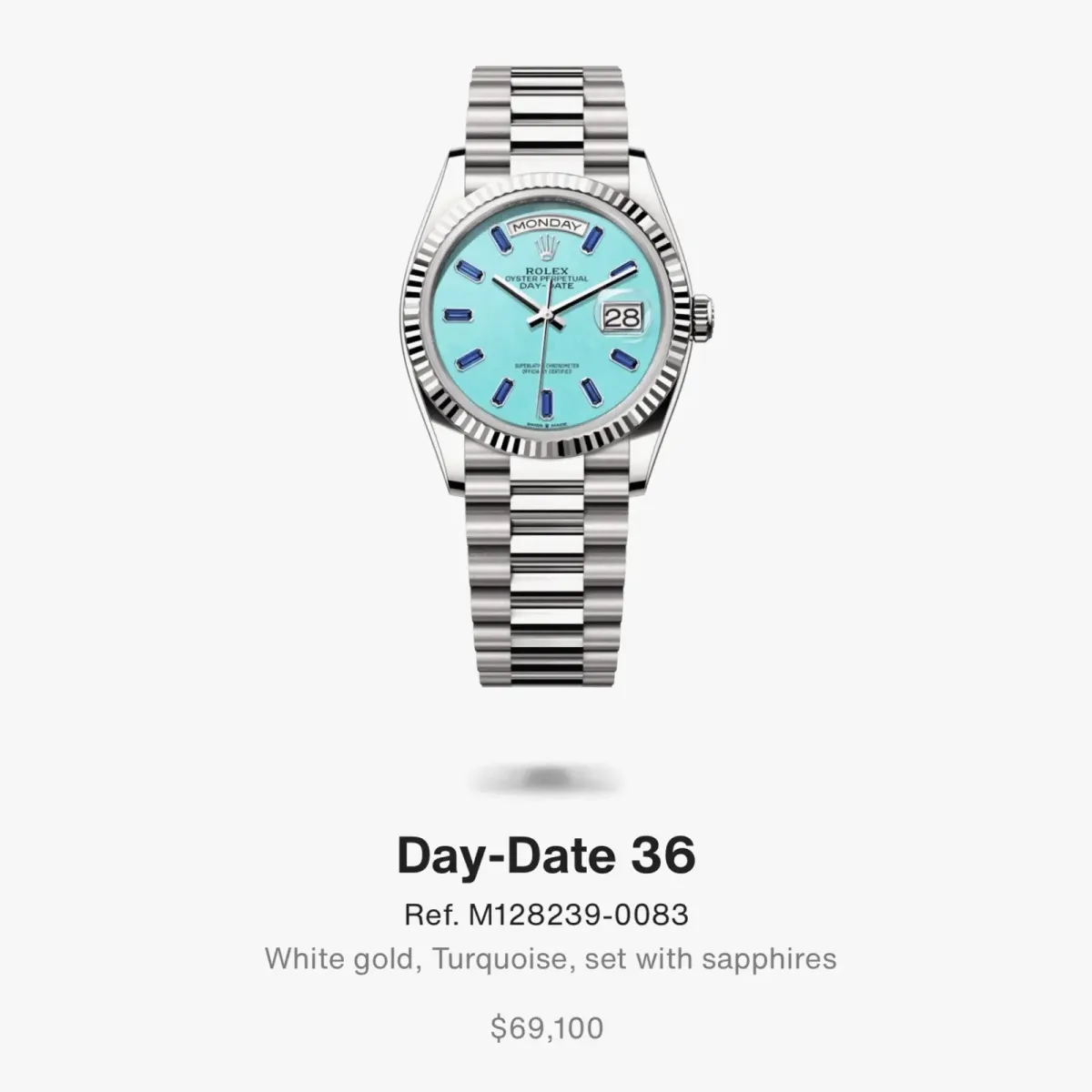 Rolex 2026 off-catalog Day-Date 36 ref. m128239-0083 in 18k white gold with natural turquoise stone dial and baguette-cut blue sapphire hour markers on President bracelet — an off-catalog release from Watches and Wonders 2026.