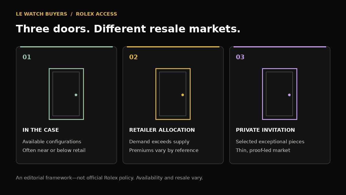 Diagram of three Rolex buying routes: available stock, retailer allocation, and private invitation, with typical resale considerations for each